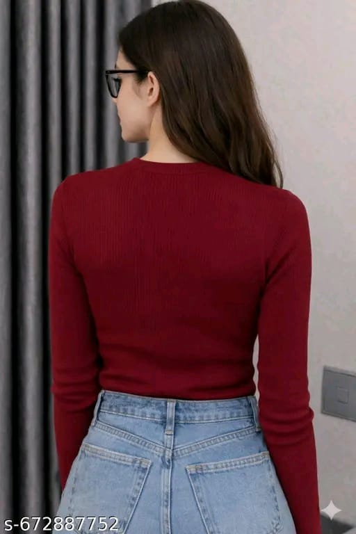 Women Ribbed Round Neck Full Sleeve Stretchable Top (All Colors